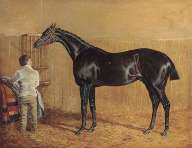 WikiOO.org - Encyclopedia of Fine Arts - Lukisan, Artwork John Frederick Herring Senior - A racehorse in a stable with a groom