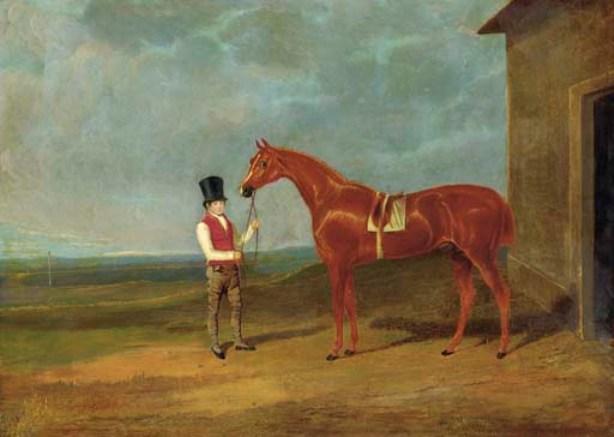Wikioo.org - The Encyclopedia of Fine Arts - Painting, Artwork by John Frederick Herring Senior - Mr. Dixon's Mountaineer, a chestnut colt, held by a groom outside a stable