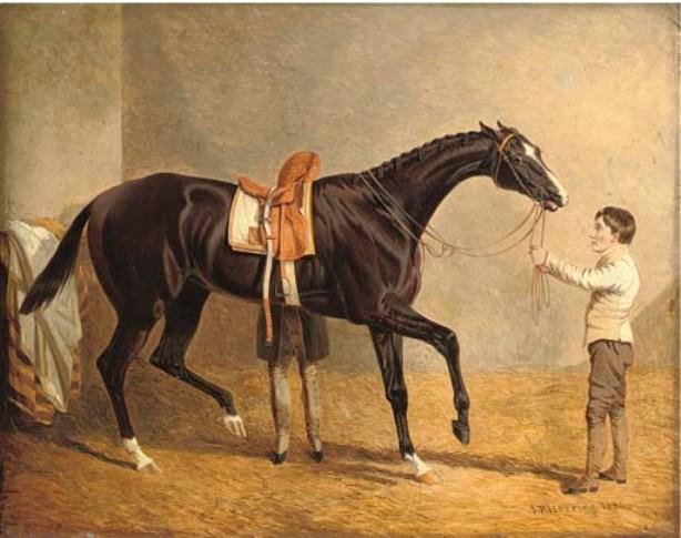 Wikioo.org - The Encyclopedia of Fine Arts - Painting, Artwork by John Frederick Herring Senior - Queen of Trumps in a stable, with two grooms