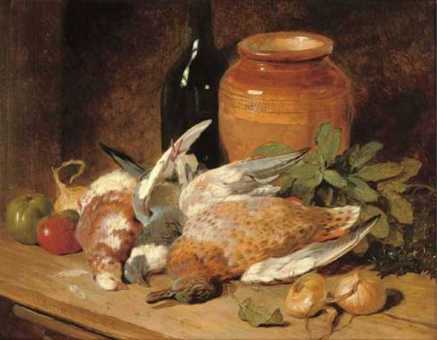 Wikioo.org - The Encyclopedia of Fine Arts - Painting, Artwork by John Frederick Herring Senior - Still life of dead birds, fruit, vegetables, a bottle and a jar