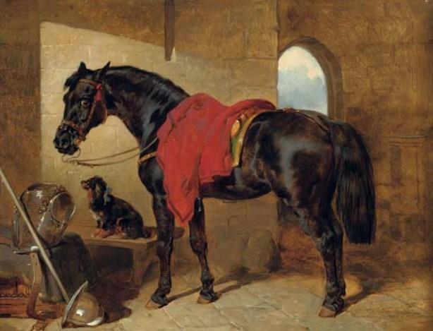 Wikioo.org - The Encyclopedia of Fine Arts - Painting, Artwork by John Frederick Herring Senior - The cavalier's charger and a King Charles spaniel