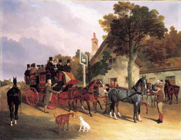 Wikioo.org - The Encyclopedia of Fine Arts - Painting, Artwork by John Frederick Herring Senior - The London-to-Leeds stage coach changing horses at the Swan Inn, Bottisham, Cambridge