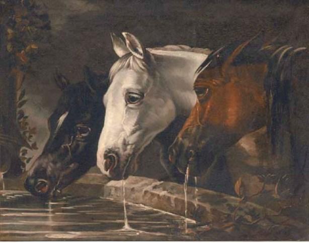 Wikioo.org - The Encyclopedia of Fine Arts - Painting, Artwork by John Frederick Herring Senior - Three horses at a water trough