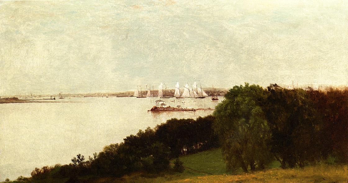 Wikioo.org - สารานุกรมวิจิตรศิลป์ - จิตรกรรม John Frederick Kensett - Newport Harbor and the Home of Ida Lewis