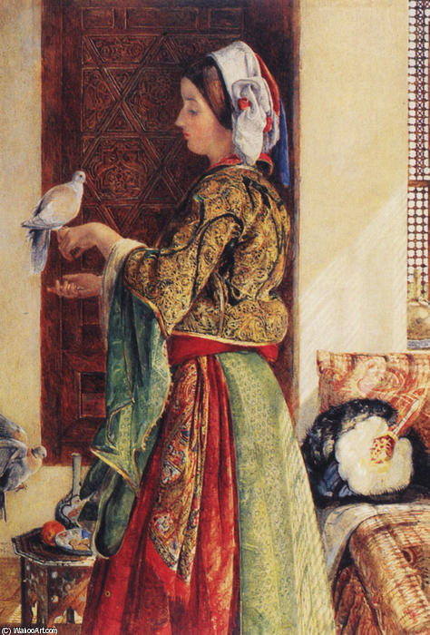 WikiOO.org - Encyclopedia of Fine Arts - Maalaus, taideteos John Frederick Lewis - Girl with Two Caged Doves