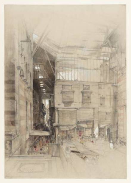 WikiOO.org - 백과 사전 - 회화, 삽화 John Frederick Lewis - The Bazaar of the Ghûriyah from the Steps of the Mosque of El-Ghûri, Cairo