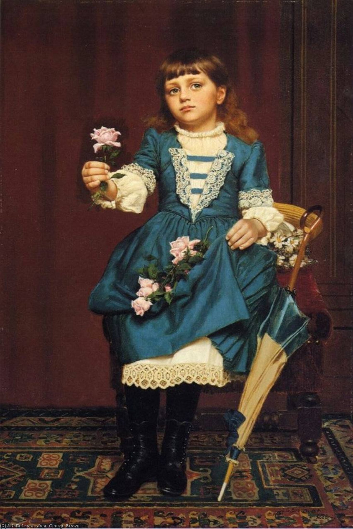 Wikioo.org - The Encyclopedia of Fine Arts - Painting, Artwork by John George Brown - Daisy McComb Holding a Pink Rose