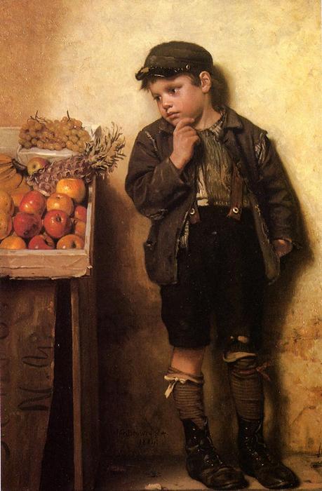 Wikioo.org – La Enciclopedia de las Bellas Artes - Pintura, Obras de arte de John George Brown - Eying Stand de Frutas