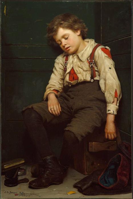 WikiOO.org - אנציקלופדיה לאמנויות יפות - ציור, יצירות אמנות John George Brown - Tuckered Out —The Shoeshine Boy
