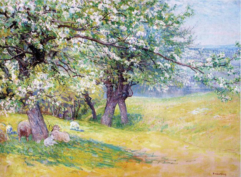 Wikioo.org - The Encyclopedia of Fine Arts - Painting, Artwork by John Joseph Enneking - Sheep under the Apple Blossoms