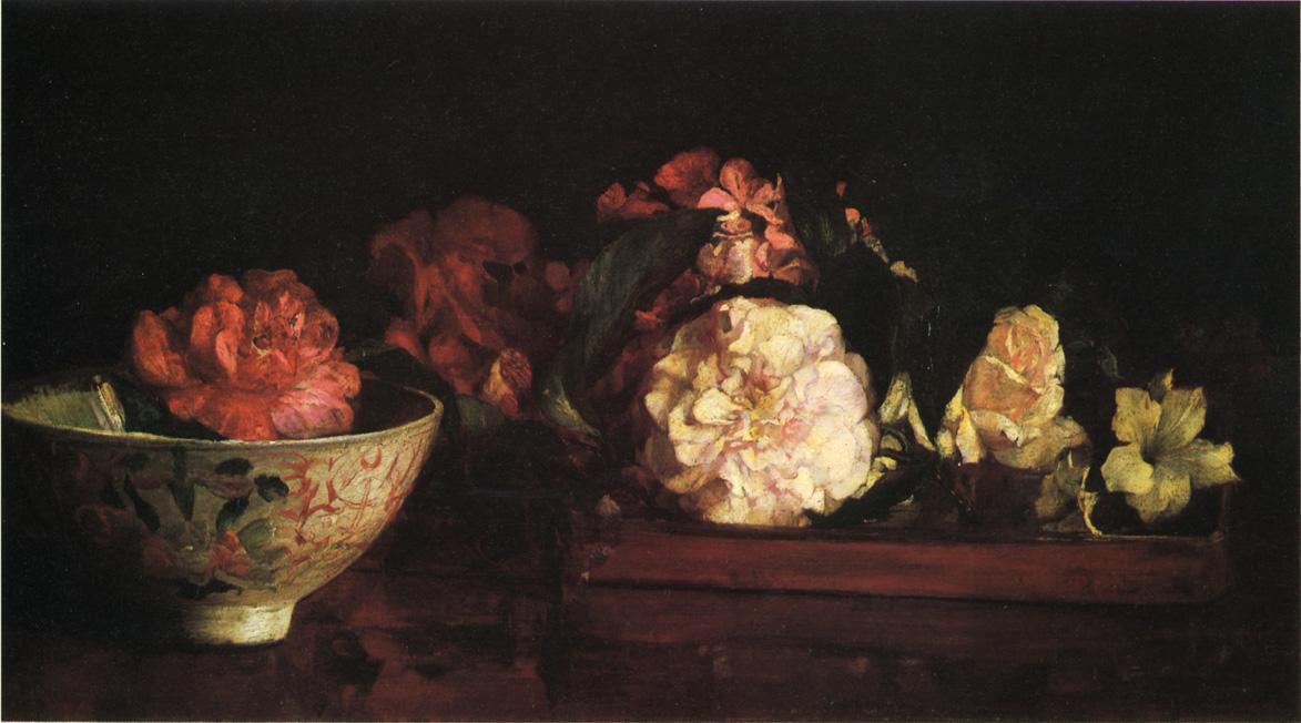 Wikioo.org - The Encyclopedia of Fine Arts - Painting, Artwork by John La Farge - Flowers in a Japanese Tray on Mahogany Table