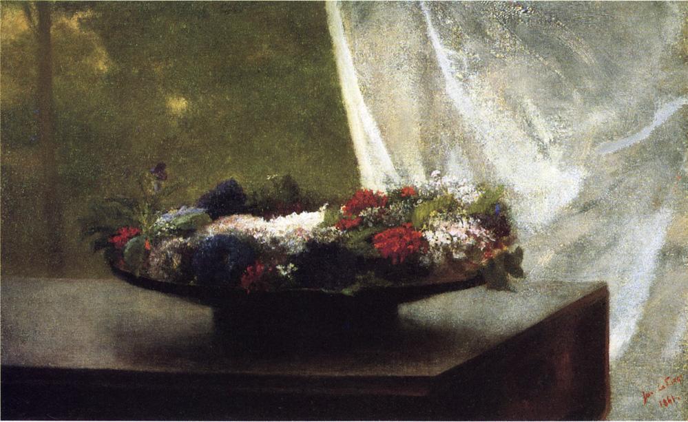 Wikioo.org – La Enciclopedia de las Bellas Artes - Pintura, Obras de arte de John La Farge - flores en a laca bol