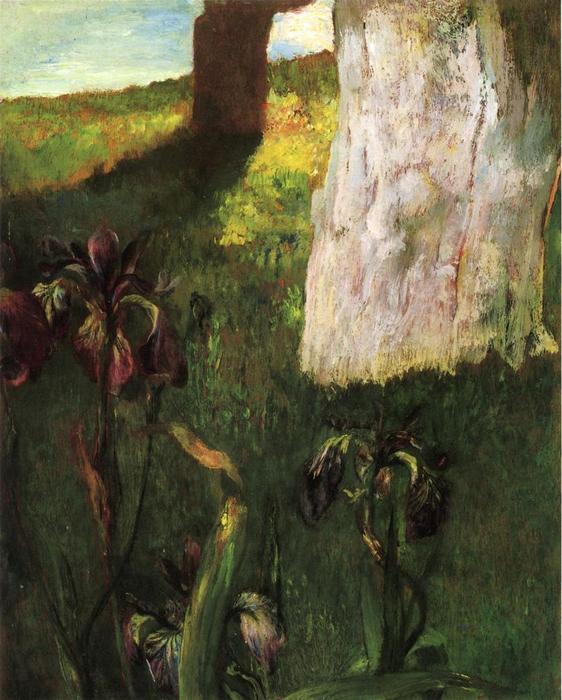 Wikioo.org - The Encyclopedia of Fine Arts - Painting, Artwork by John La Farge - Flowers, Blue Iris, with Trunk of Dead Apple-Tree