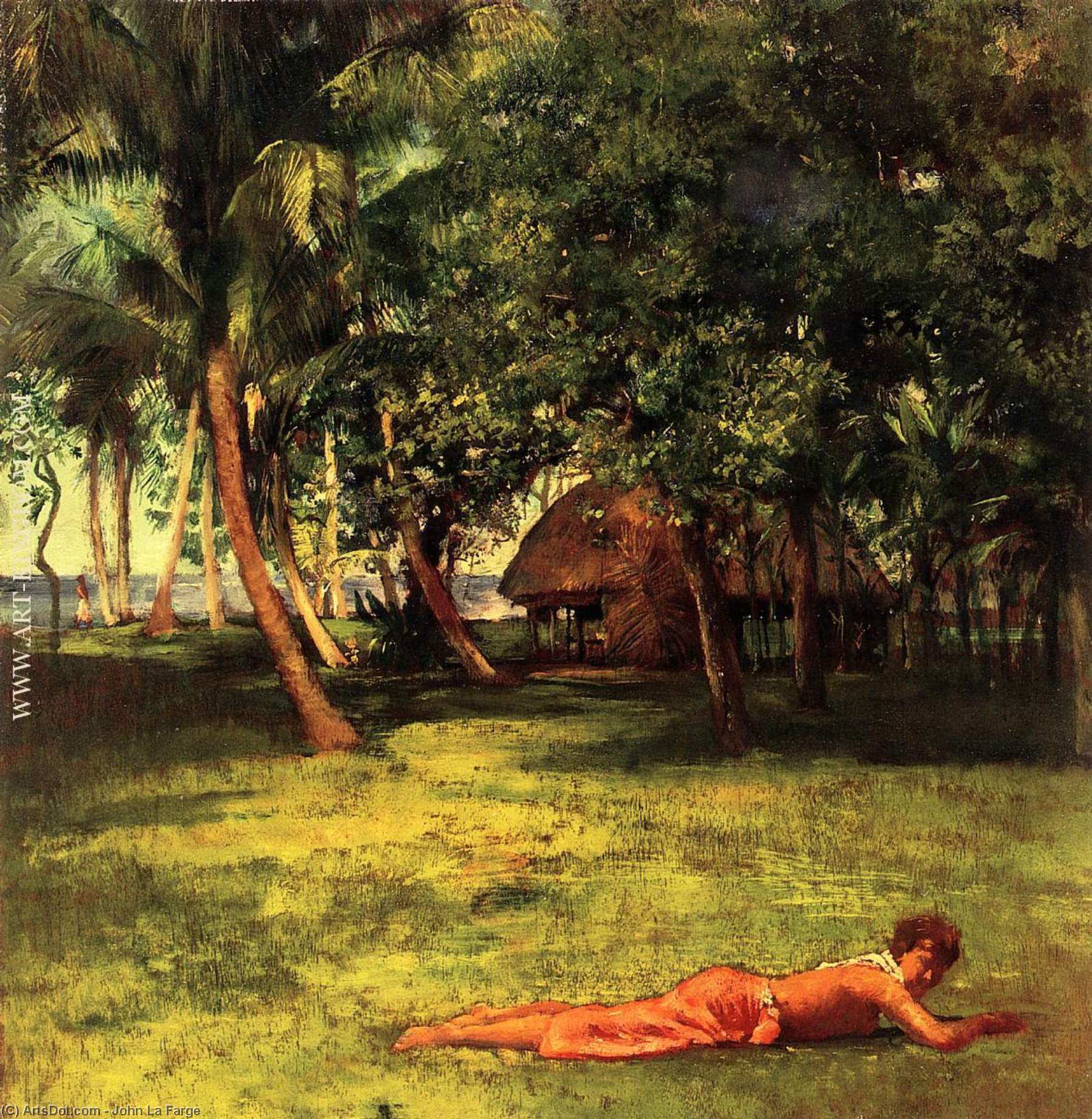 Wikioo.org - The Encyclopedia of Fine Arts - Painting, Artwork by John La Farge - In Front of Our House, Vaila - Girl on Grass