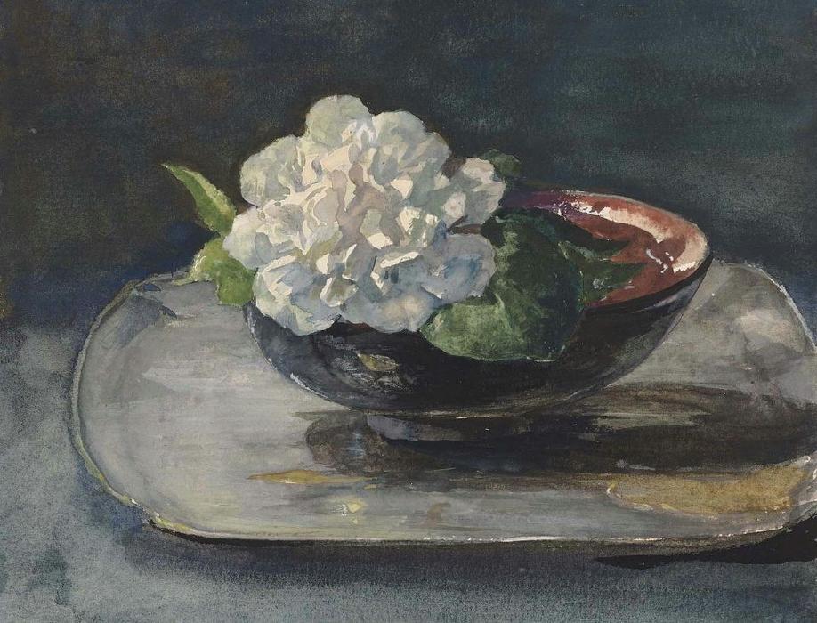 WikiOO.org - Enciklopedija dailės - Tapyba, meno kuriniai John La Farge - White Camellia in a Red and Black Lacquer Bowl