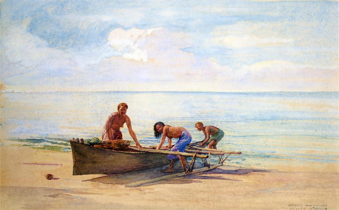 Wikioo.org - The Encyclopedia of Fine Arts - Painting, Artwork by John La Farge - Women Drawing up a Canoe, Vaiala in Samoa, Otaota, Her Mother and a Neighbor