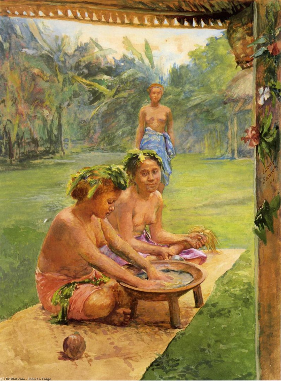 Wikioo.org – La Enciclopedia de las Bellas Artes - Pintura, Obras de arte de John La Farge - Chicas jóvenes que preparan Kava