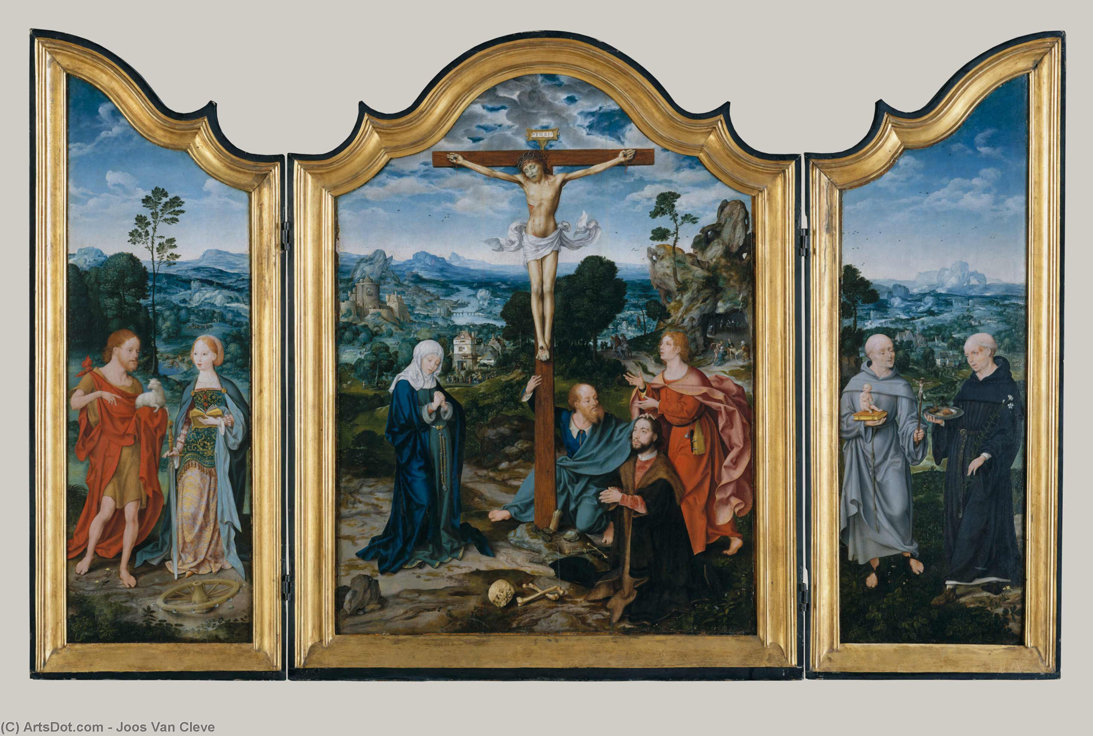 Wikioo.org - The Encyclopedia of Fine Arts - Painting, Artwork by Joos Van Cleve - The Crucifixion with Saints and a Donor