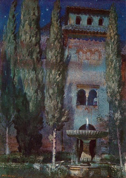 WikiOO.org - Enciklopedija dailės - Tapyba, meno kuriniai Jorge Apperley (George Owen Wynne Apperley) - Lindaraja Yard (Night at the Alhambra)