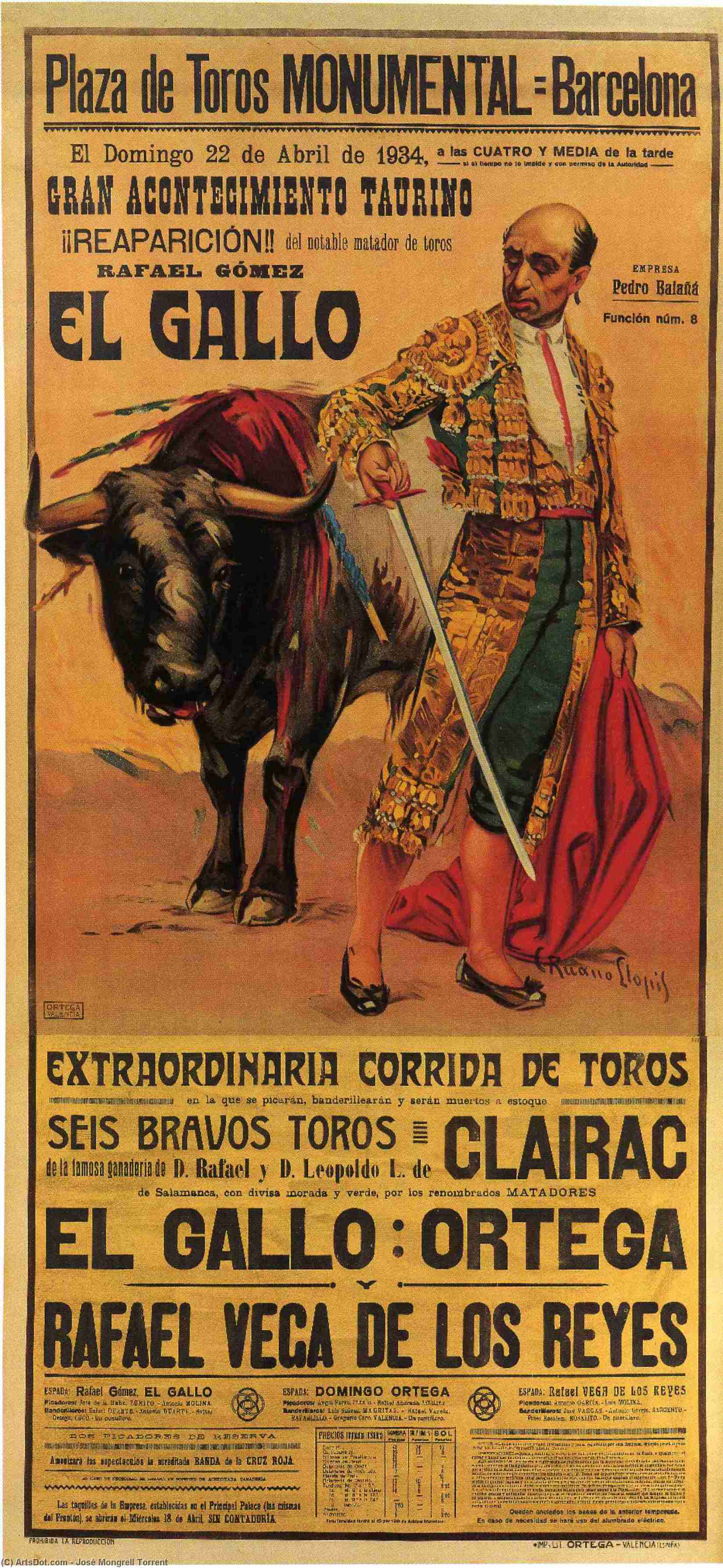 WikiOO.org - Encyclopedia of Fine Arts - Malba, Artwork José Mongrell Torrent - Bullfighting Poster Plaza De Toros De Valencia