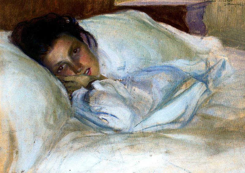 Wikioo.org – La Enciclopedia de las Bellas Artes - Pintura, Obras de arte de José Mongrell Torrent - estudio de color ( retrato de su esposa , josefa lópez en la cama )