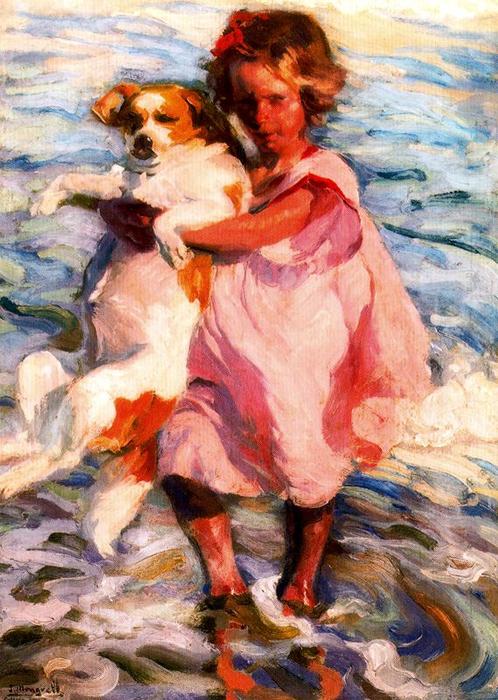 Wikioo.org - The Encyclopedia of Fine Arts - Painting, Artwork by José Mongrell Torrent - Girl With Dog