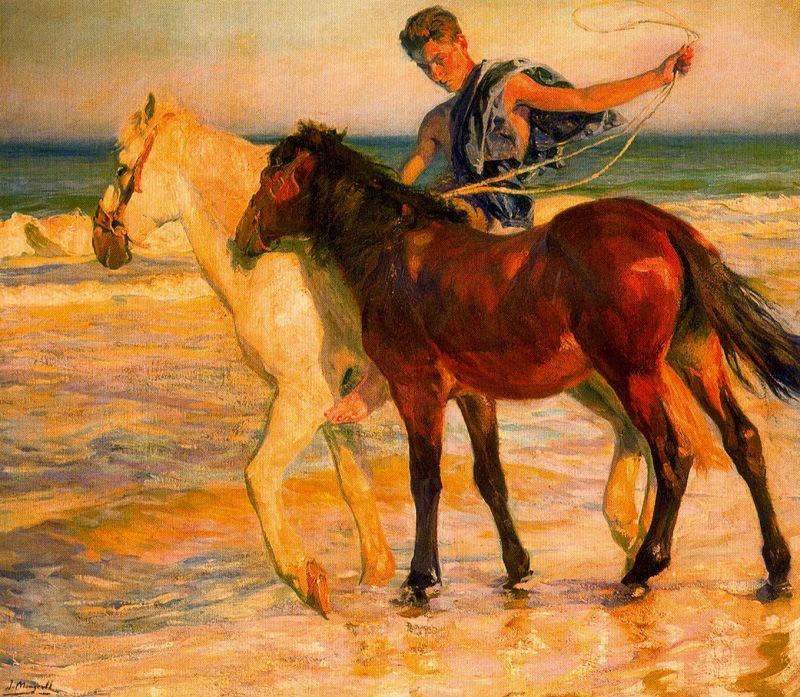 Wikioo.org - The Encyclopedia of Fine Arts - Painting, Artwork by José Mongrell Torrent - Horses On The Beach