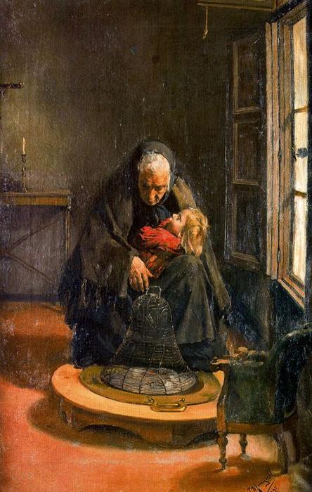 Wikioo.org - The Encyclopedia of Fine Arts - Painting, Artwork by José Mongrell Torrent - Old Woman With Young Girl