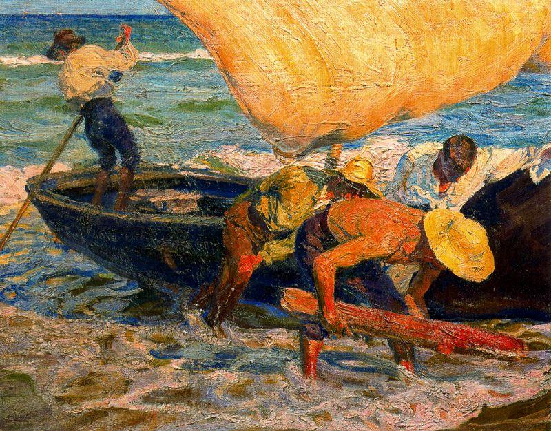 Wikioo.org - The Encyclopedia of Fine Arts - Painting, Artwork by José Mongrell Torrent - Pulling The Boat