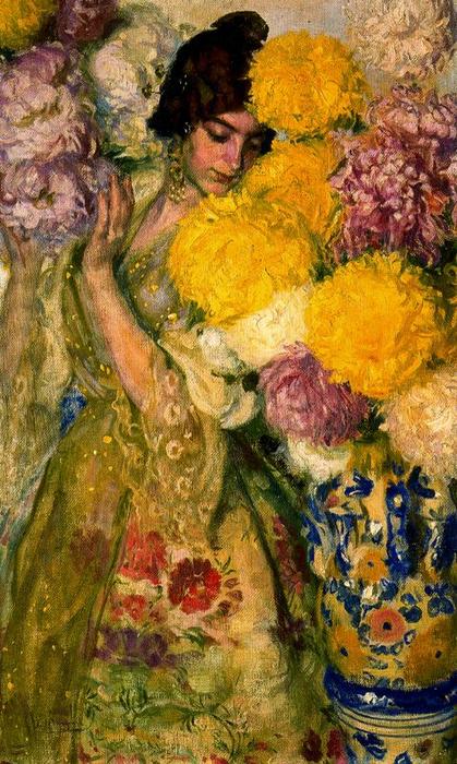 Wikioo.org - The Encyclopedia of Fine Arts - Painting, Artwork by José Mongrell Torrent - Valencian Girl With Chrysanthemums
