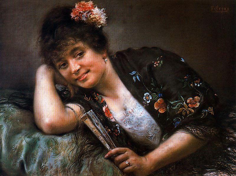 Wikioo.org - The Encyclopedia of Fine Arts - Painting, Artwork by José Villegas Cordero - Flemish Girl Lying With Fan