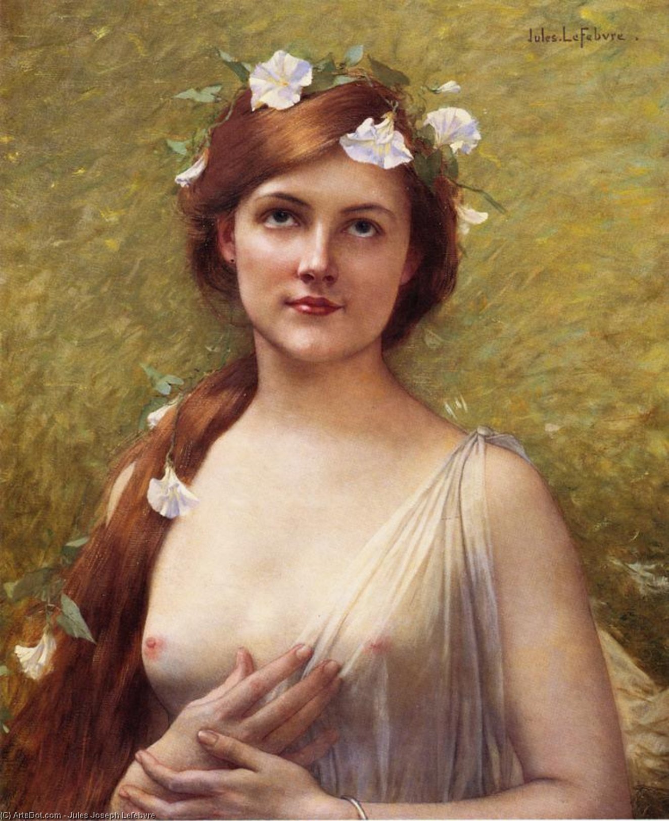 Wikioo.org - The Encyclopedia of Fine Arts - Painting, Artwork by Jules Joseph Lefebvre - Young Woman with Morning Glories in Her Hair