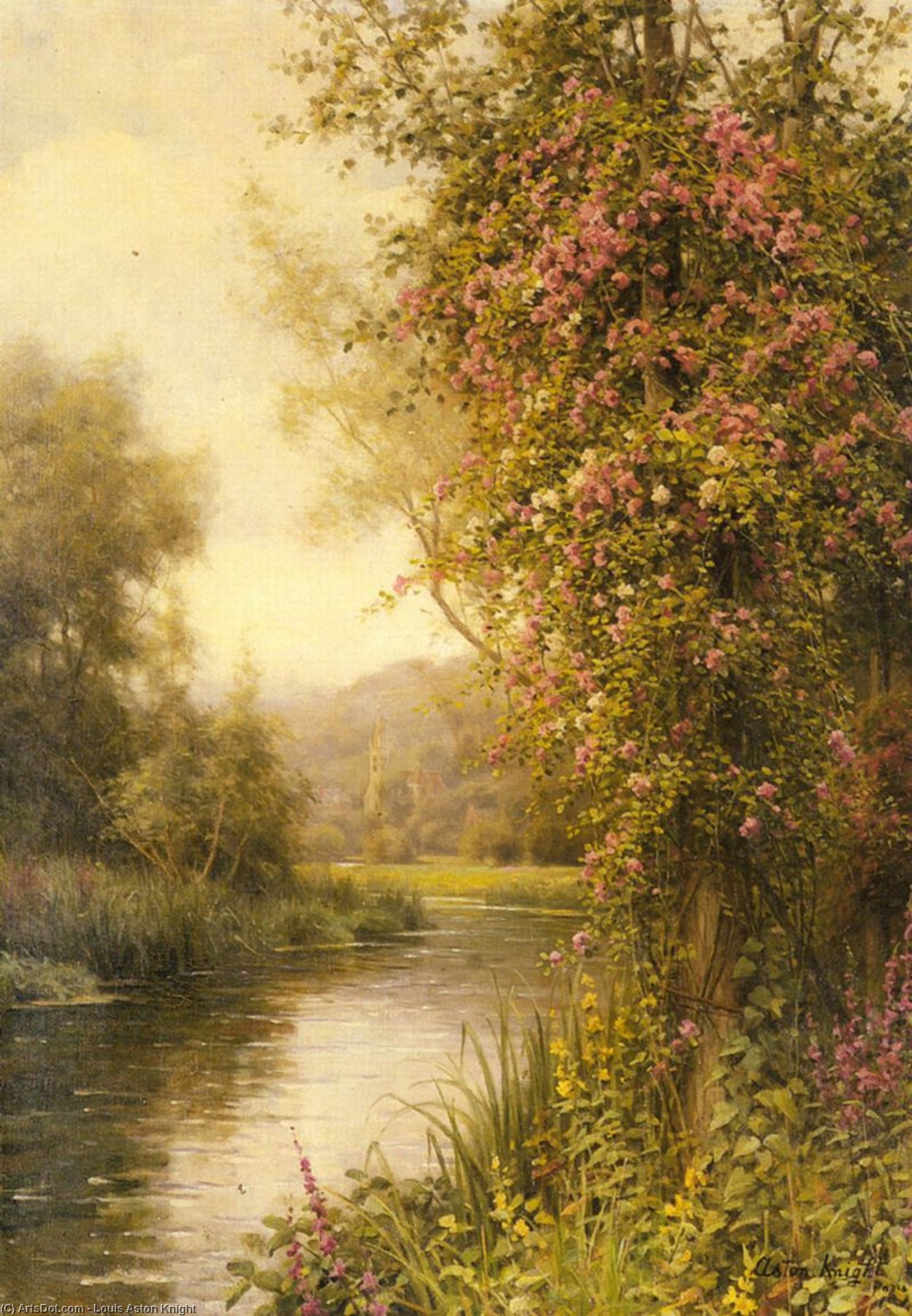 Wikioo.org - The Encyclopedia of Fine Arts - Painting, Artwork by Louis Aston Knight - A Flowering Vine along a Winding Stream with a Country Church Beyond