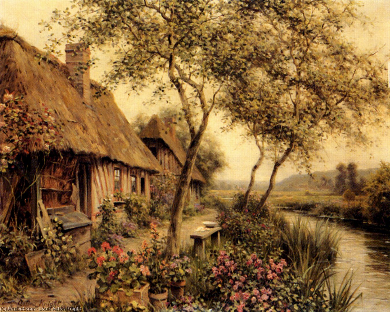 Wikioo.org - The Encyclopedia of Fine Arts - Painting, Artwork by Louis Aston Knight - Cottages Beside A River