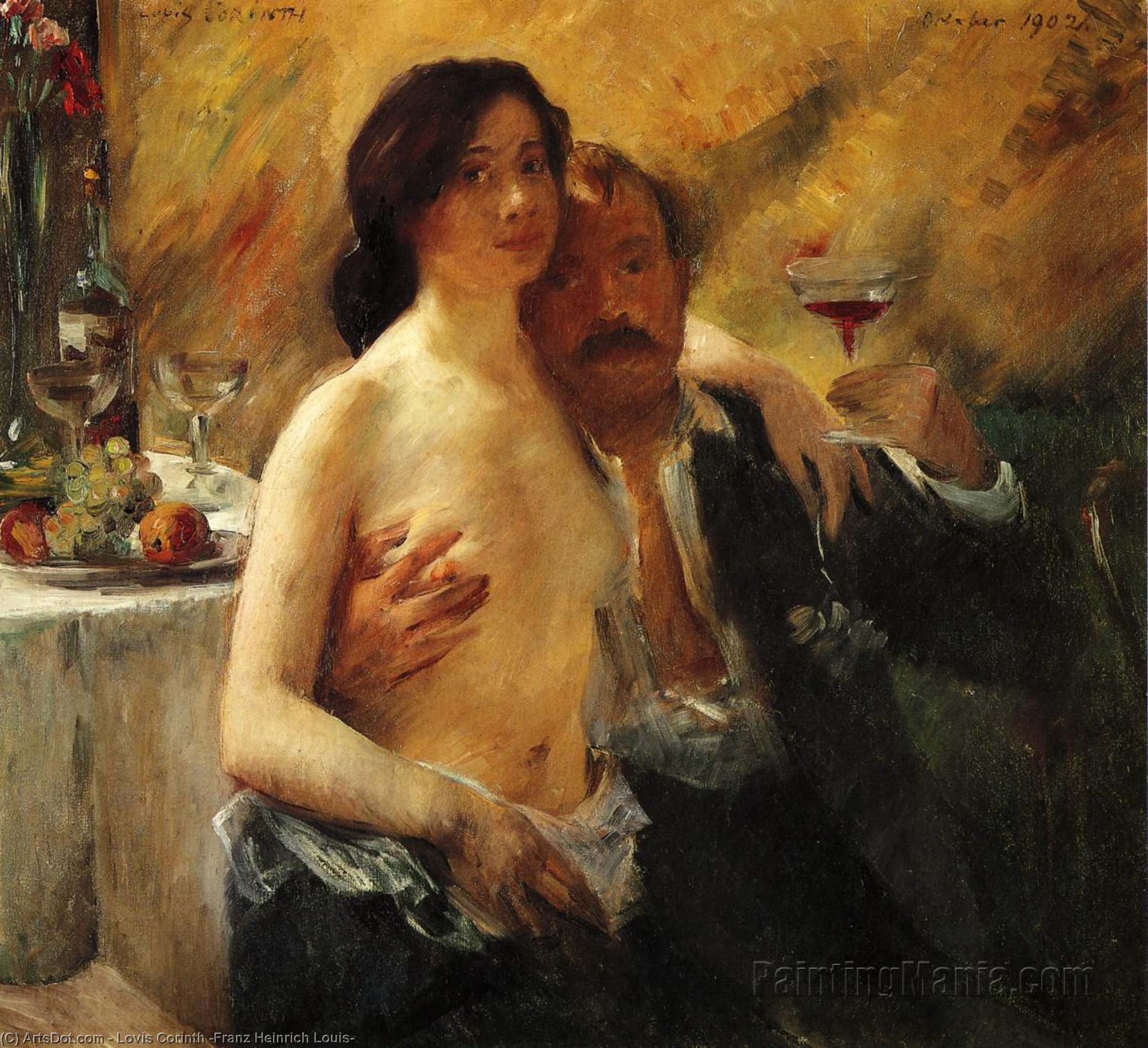 Wikioo.org - The Encyclopedia of Fine Arts - Painting, Artwork by Lovis Corinth (Franz Heinrich Louis) - Self Portrait with Charlotte Berend and a Glass of Champagne
