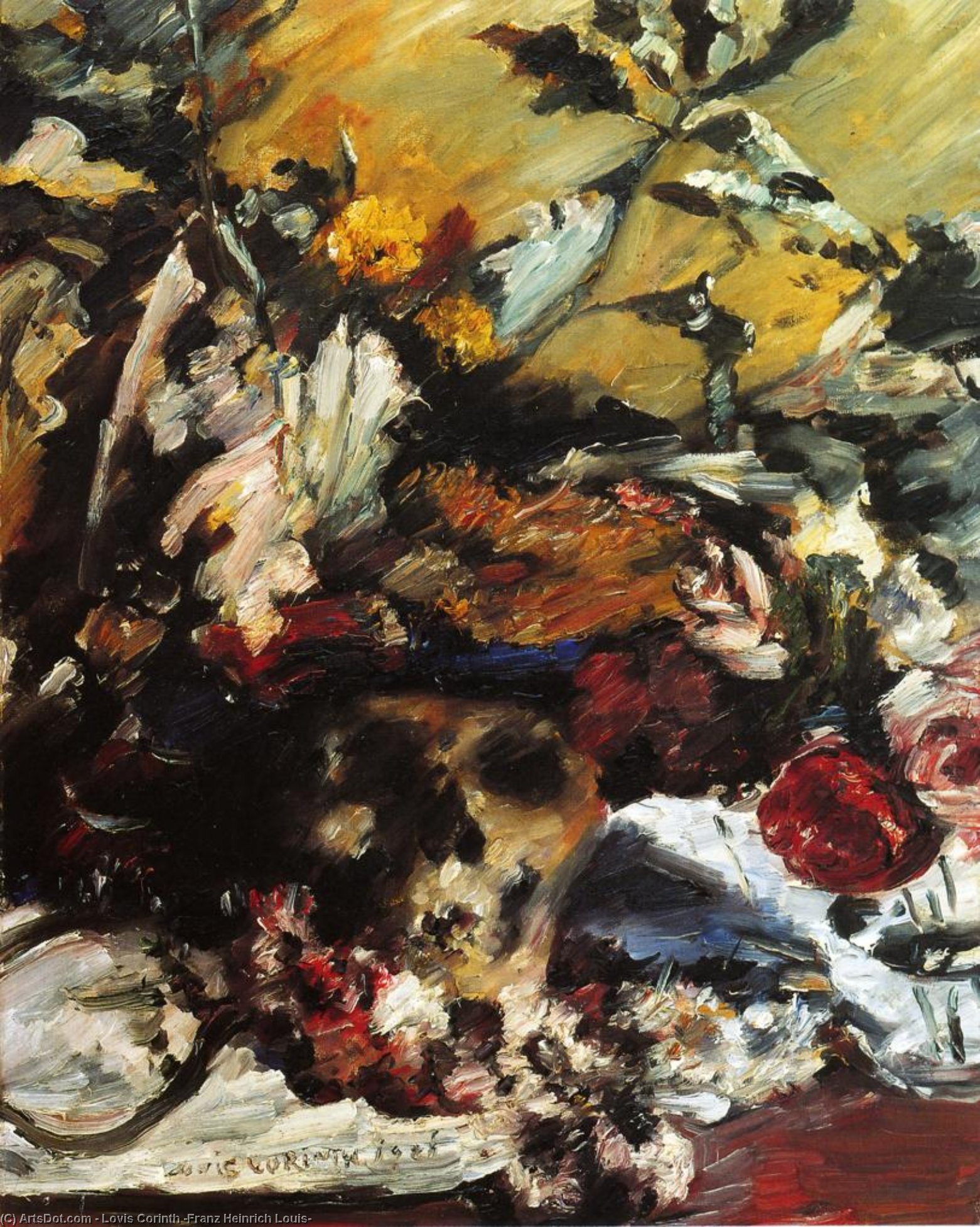 Wikioo.org - The Encyclopedia of Fine Arts - Painting, Artwork by Lovis Corinth (Franz Heinrich Louis) - Still Life with Flowers, Skull and Oak Leaves