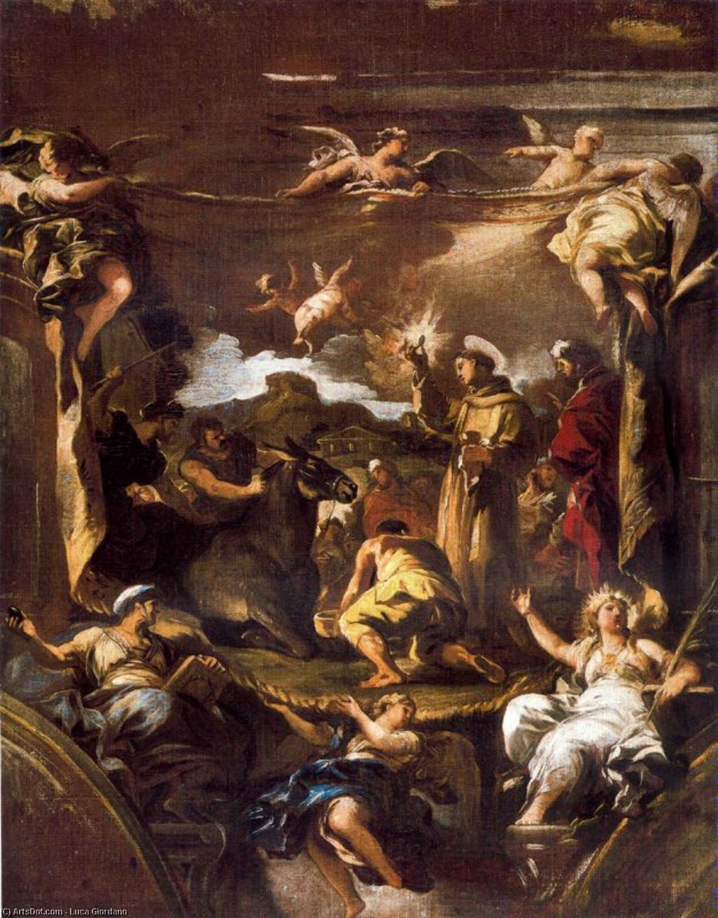 Wikioo.org - The Encyclopedia of Fine Arts - Painting, Artwork by Luca Giordano - Miracle of St. Anthony. the mule kneeling before the sacrament