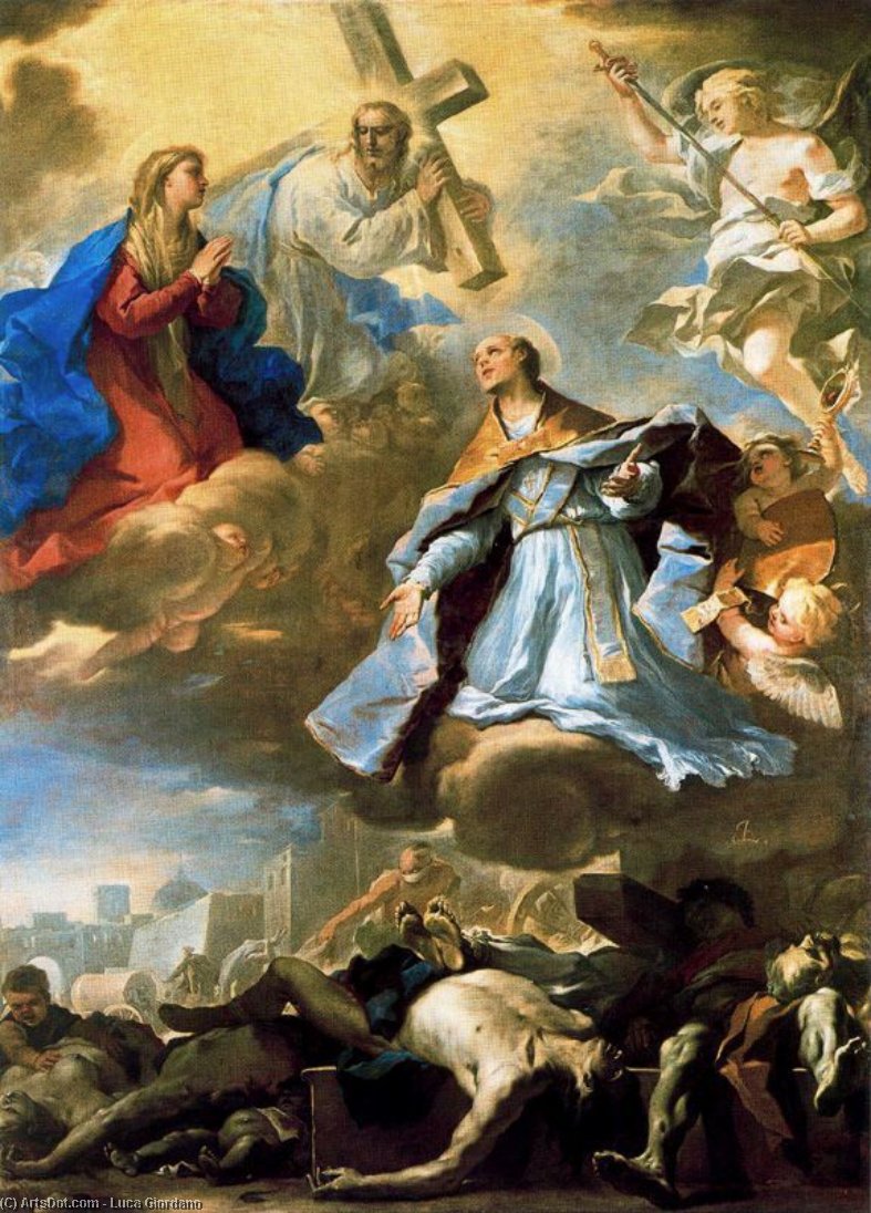 WikiOO.org – 美術百科全書 - 繪畫，作品 Luca Giordano - 圣 加图索代祷  与 处女 , 基督和  神  的  父亲  的 瘟疫 的 1656