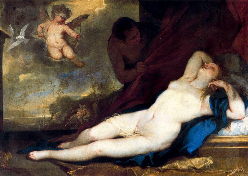 Wikioo.org – La Enciclopedia de las Bellas Artes - Pintura, Obras de arte de Luca Giordano - Venus dormida enestado  Cupido  asícomo  sátiro