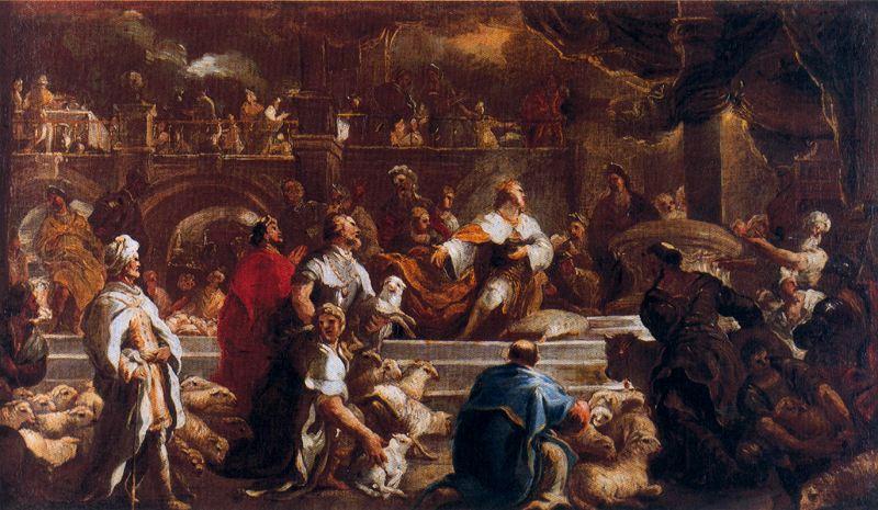 Wikioo.org – La Enciclopedia de las Bellas Artes - Pintura, Obras de arte de Luca Giordano - Salomón haciendo sacrificios al Señor antes de empezar a construir el templo