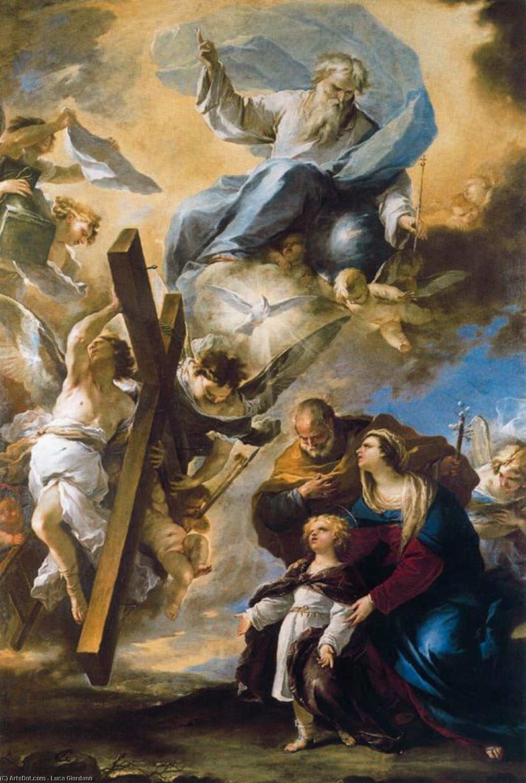 Wikioo.org - The Encyclopedia of Fine Arts - Painting, Artwork by Luca Giordano - The Holy Family has a vision of the symbols of the Passion