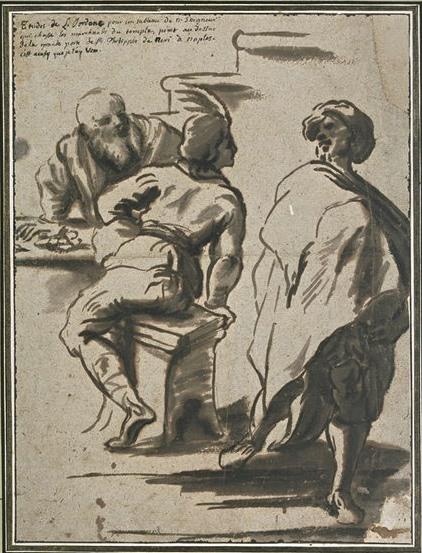 Wikioo.org - The Encyclopedia of Fine Arts - Painting, Artwork by Luca Giordano - Two men at a table covered with silver
