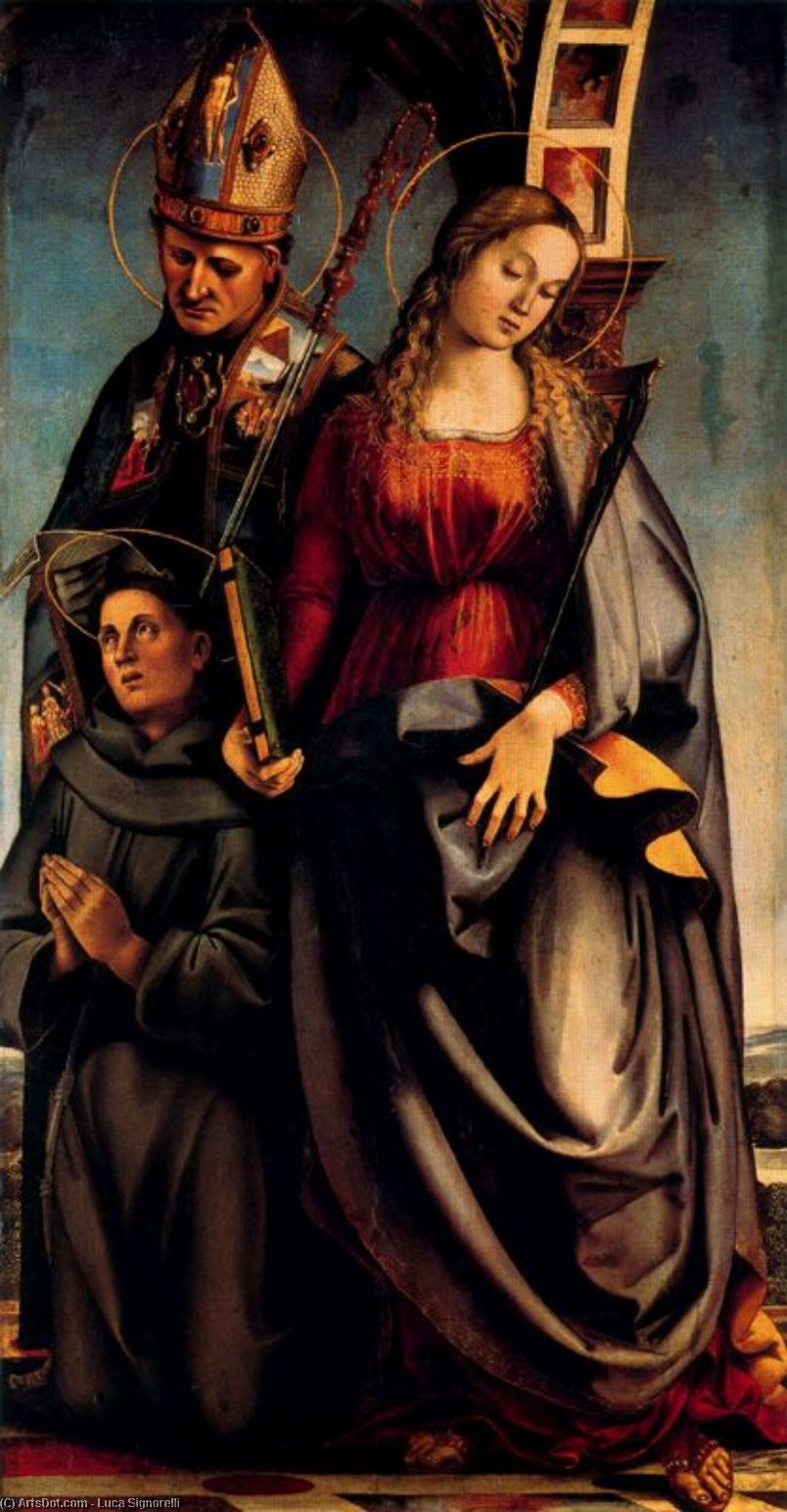 Wikioo.org - The Encyclopedia of Fine Arts - Painting, Artwork by Luca Signorelli - Saints Agustine, Catherine of Alexandria, and Anthony of Padua
