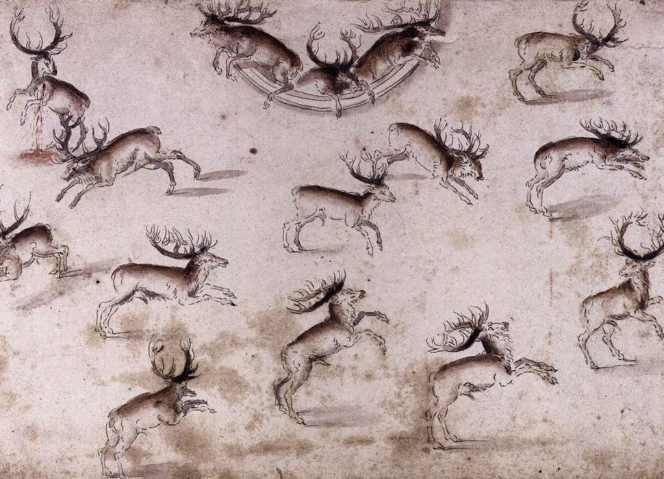 Wikioo.org - The Encyclopedia of Fine Arts - Painting, Artwork by Lucas Cranach The Younger - Study for a wall decoration with stags