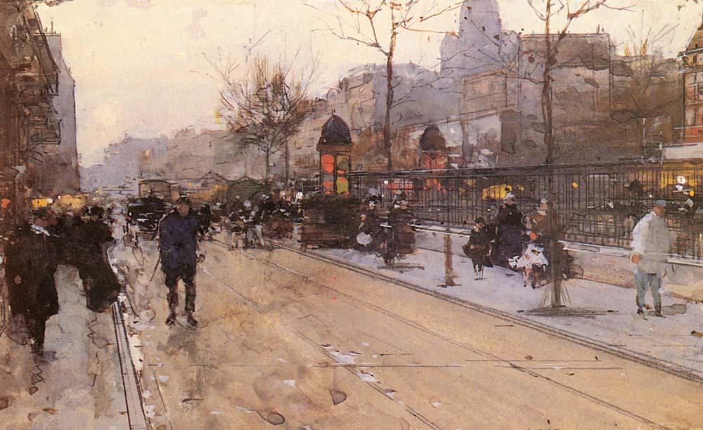 Wikioo.org - สารานุกรมวิจิตรศิลป์ - จิตรกรรม Aloys François Joseph Loir (Luigi Loir) - A Parisian Street Scene with Sacre Coeur in the back