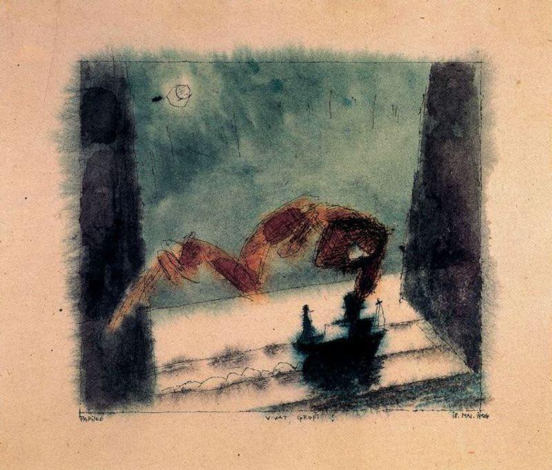 WikiOO.org - Encyclopedia of Fine Arts - Målning, konstverk Lyonel Feininger - Sketch for the 41 birthday of Walter Gropius 1924