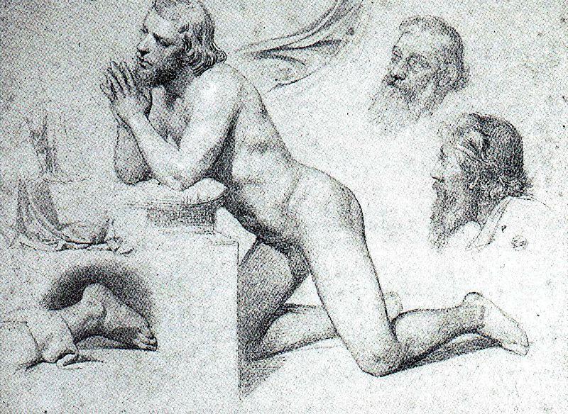 Wikioo.org – La Enciclopedia de las Bellas Artes - Pintura, Obras de arte de Mariano Fortuny - ángel de rodillas y otro bosquejos