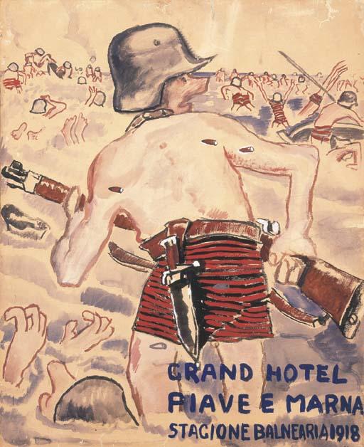 Wikioo.org – La Enciclopedia de las Bellas Artes - Pintura, Obras de arte de Mario Sironi - Marne Hotel Piave y el 1918 temporada de baño