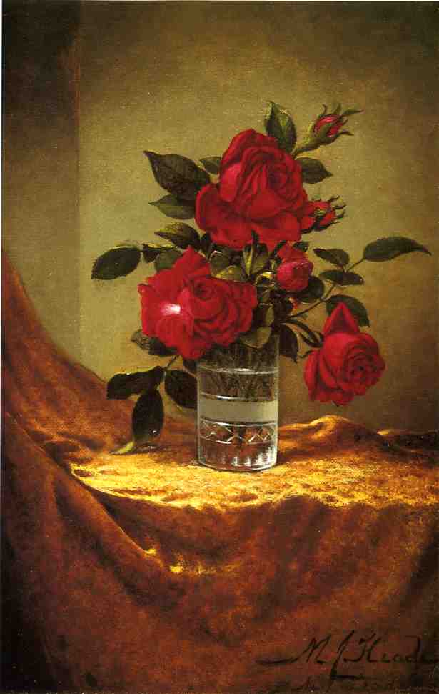 Wikioo.org – L'Encyclopédie des Beaux Arts - Peinture, Oeuvre de Martin Johnson Heade - a verre des roses sur or chiffon