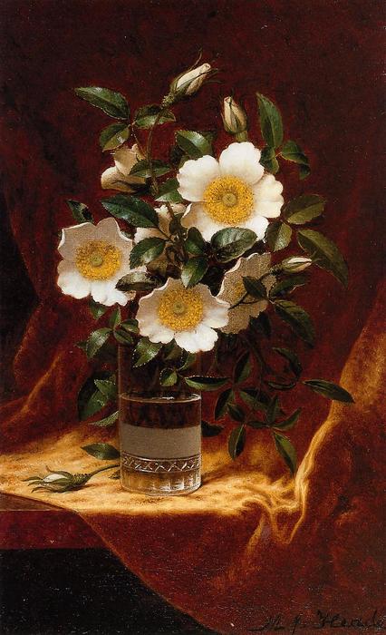 Wikioo.org - The Encyclopedia of Fine Arts - Painting, Artwork by Martin Johnson Heade - Cherokee Roses in a Glass